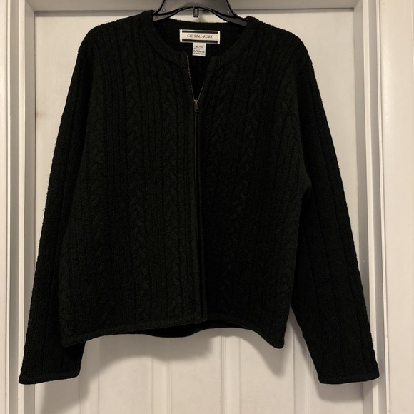 Crystal Kobe Sweaters - Women's Sweater XL Wool Full Zip Cable Knit Cardigan Dark Green‎ Fisherman Vtg